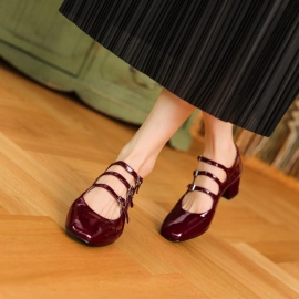 Shoes Patent Leather Woman Shoe French Square Toe Thick Heel Shoes Women